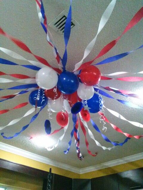 balloons and streamers are hanging from the ceiling