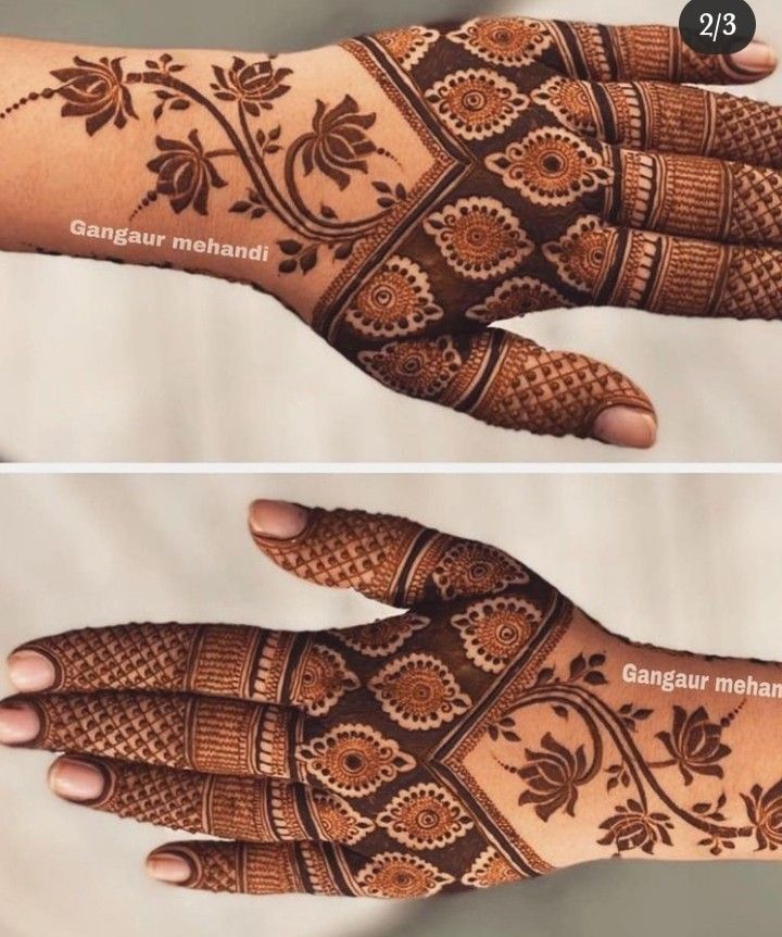 two pictures of hands with henna tattoos on them, one is showing the design