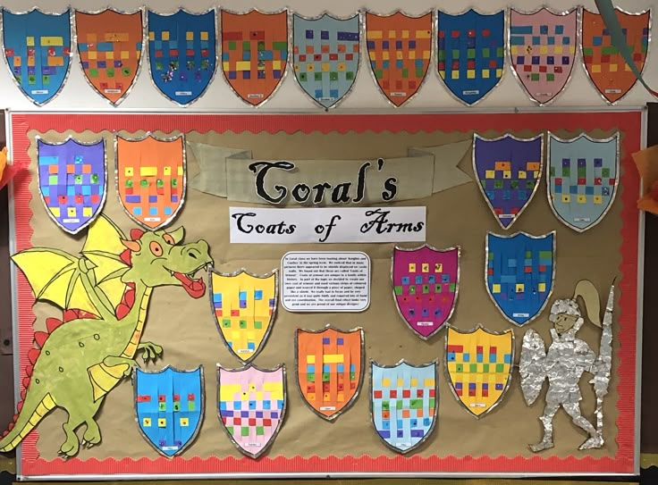 a bulletin board with different colored shields on it and an image of a dragon in the middle