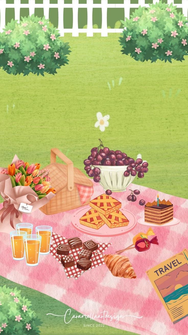 a picnic table with food and drinks on it