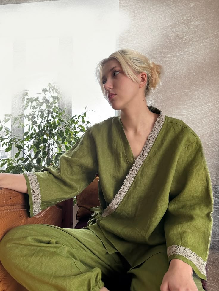 Pure softened linen women's kimono style 2 piece pajama set. Comfortable sleeping environment is made possible by the long sleeves, the relaxed fit, and the kimono styling. These stone washed linen set are great for relaxing around the house or for sleeping in.  Linen is amazingly suitable for hot summer climates because of its cooling and refreshing effect. on the other hand, it has a warming effect in winter. They are available in a range of colors and are perfect for any taste. This loungewea Kimono Pajamas Set, Spring Sets With Relaxed Fit, Green Linen Relaxed Fit Sets, Green Relaxed Fit Linen Sets, Long Sleeve Spring Kimono For Lounging, Relaxed Fit Kimono For Sleep, Spring Sleepwear For Relaxing At Home, Spring Kimono With Relaxed Fit, Relaxed Fit Long Sleeve Kimono For Lounging