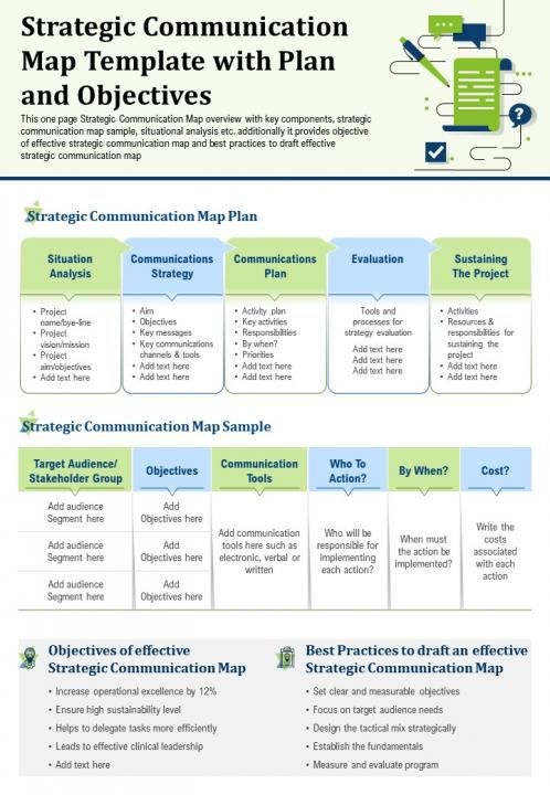 a white and green brochure with information about the strategy for an effective communication plan