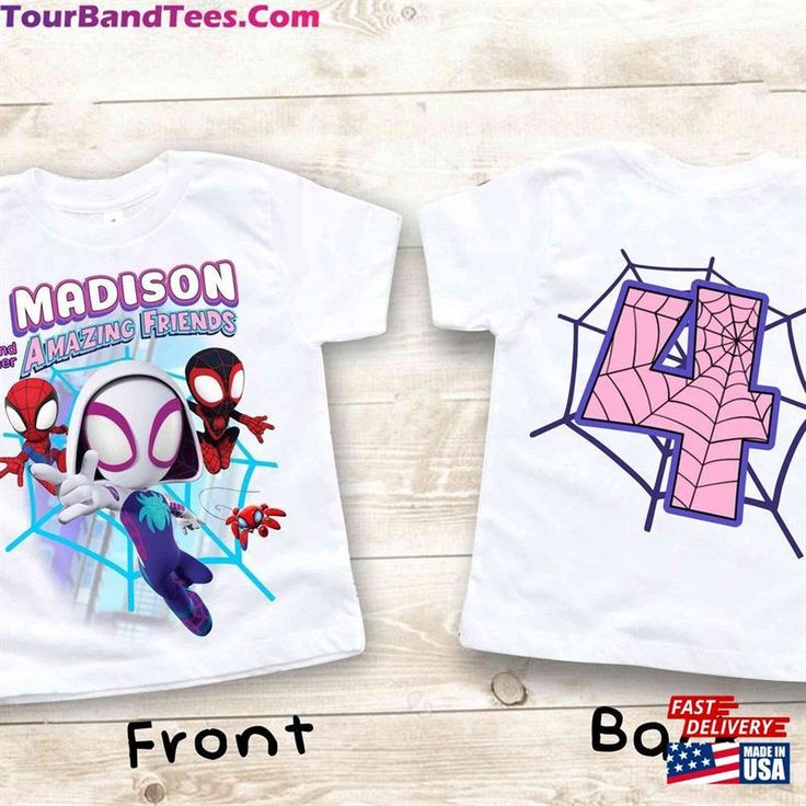 two t - shirts with spiderman on them, one is white and the other is pink