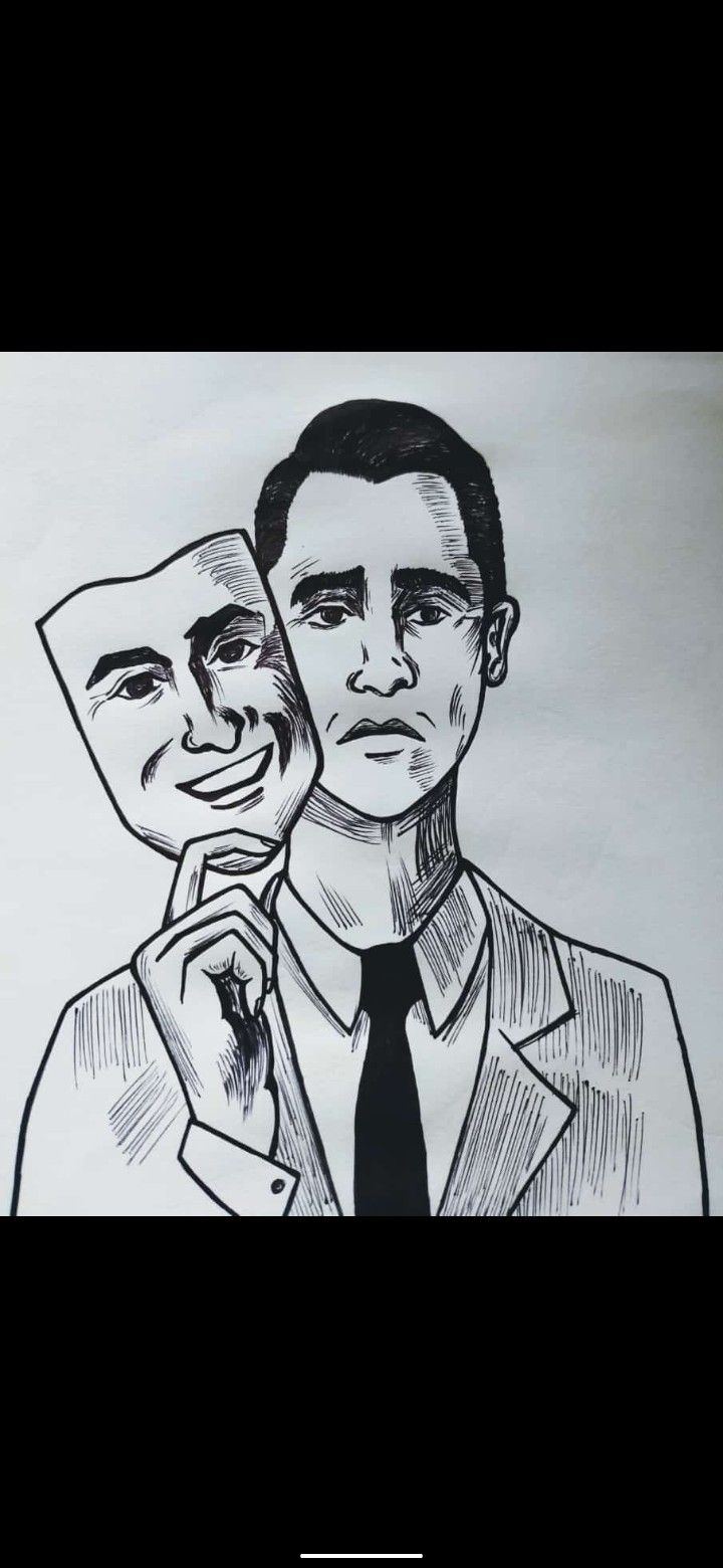 a drawing of two people with masks on their faces, one is holding the other's face