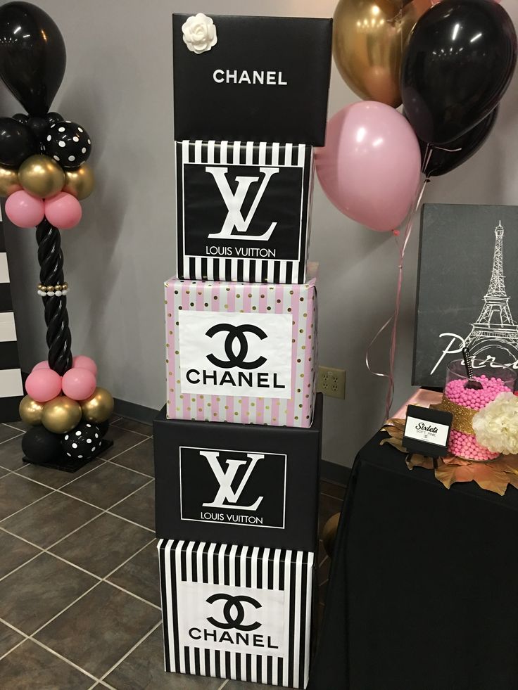 chanel themed birthday party with balloons and decorations