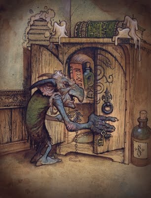 an illustration of a man trying to open a door with a dragon on his head