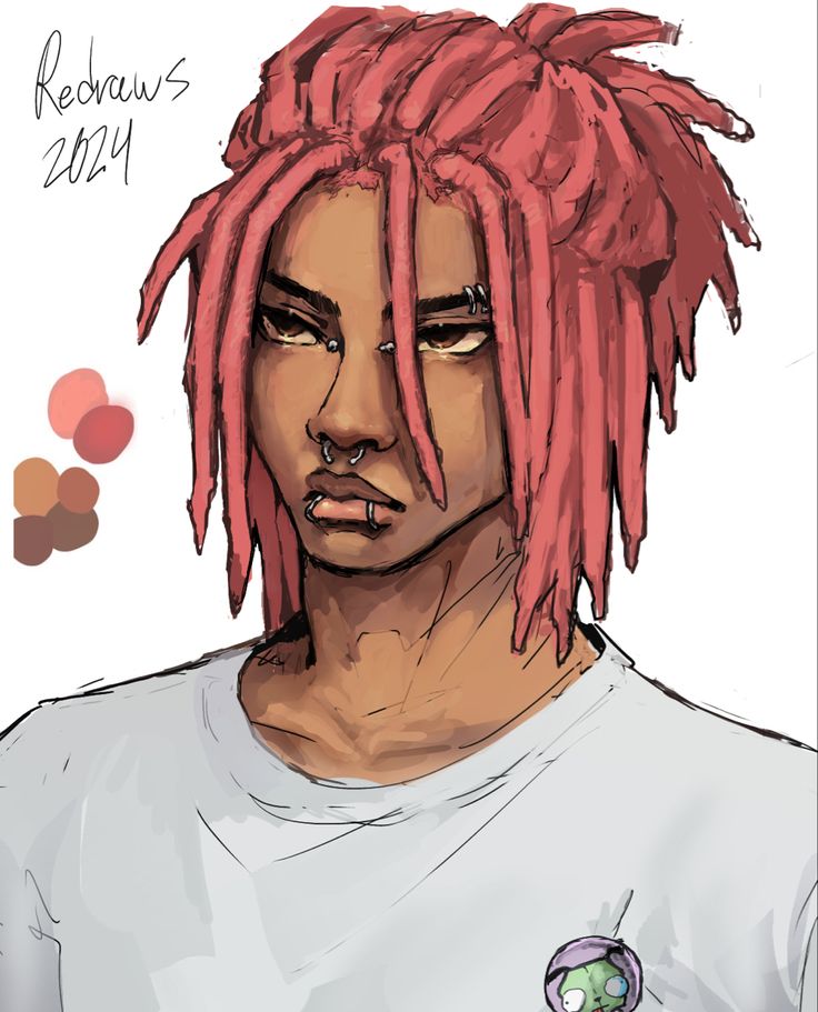 a drawing of a man with red dreadlocks on his head and t - shirt