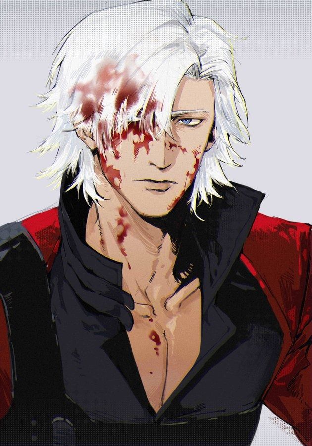 an anime character with white hair and blood on his face