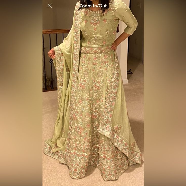 Intricately Embroidered Light Green Bridal Lehenga For Desi Wedding Occasions Worn Only To Show How It Looks Material: Silk Size: ~S To M (Will Update On Specifics Soon) Please Feel Free To Dm Me For More Details. Floor-length Raw Silk Sharara For Wedding, Raw Silk Floor-length Sharara For Wedding, Wedding Raw Silk Floor-length Sharara, Long Sharara With Intricate Embroidery For Wedding, Wedding Long Sharara With Resham Embroidery, Intricate Embroidered Long Dupatta For Wedding, Wedding Dupatta With Intricate Embroidery, Intricate Embroidered Long Wedding Dupatta, Floor-length Dori Work Salwar Kameez For Wedding