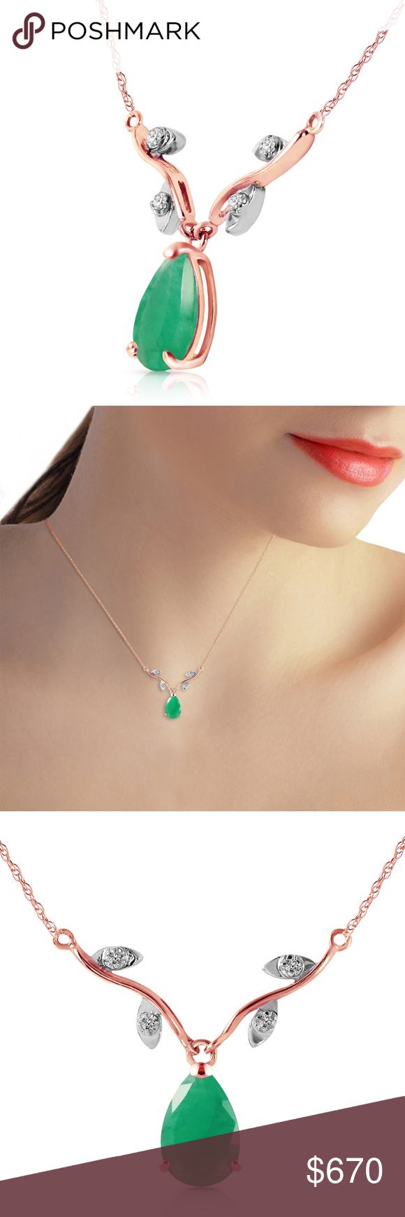 14K. GOLD NECKLACE WITH NATURAL DIAMONDS & EMERALD Item: 4273  Description 14K. GOLD NECKLACE WITH NATURAL DIAMONDS & EMERALD (Rose Gold) Comes with 18" long, 0.68 mm thickness double link Rope Chain. Item Information Metal: 14K. Solid Gold Metal Weight: 1.80 gr. Diamonds 4 Round cut, K-M color, SI-1 clarity = 0.02 ct Gemstones 1 Pear shape, 9X6 mm, Emerald = 1.00 ct Measurements Height: 0.87 in ( 22.1 mm) Length: 19 in ( 482.6 mm) Galaxy Gold Products Jewelry Necklaces Elegant Pear-shaped Rose Gold Necklace, Rose Gold Hallmarked Fine Jewelry Necklace, Pear-shaped Rose Gold Necklace For Formal Occasions, Elegant Rose Gold Pear-shaped Necklace, Fine Jewelry Rose Gold Pear-shaped Necklace, Fine Jewelry Pear-shaped Rose Gold Necklace, Fine Jewelry Pear-shaped Emerald Necklace, Rose Gold Pear-shaped Fine Jewelry Necklace, Rose Gold Gemstone Necklaces For Party