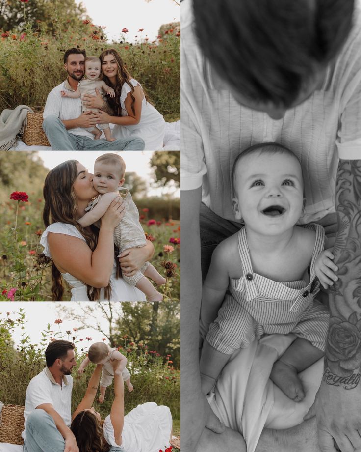 a man holding a baby in his arms while sitting next to a woman and child