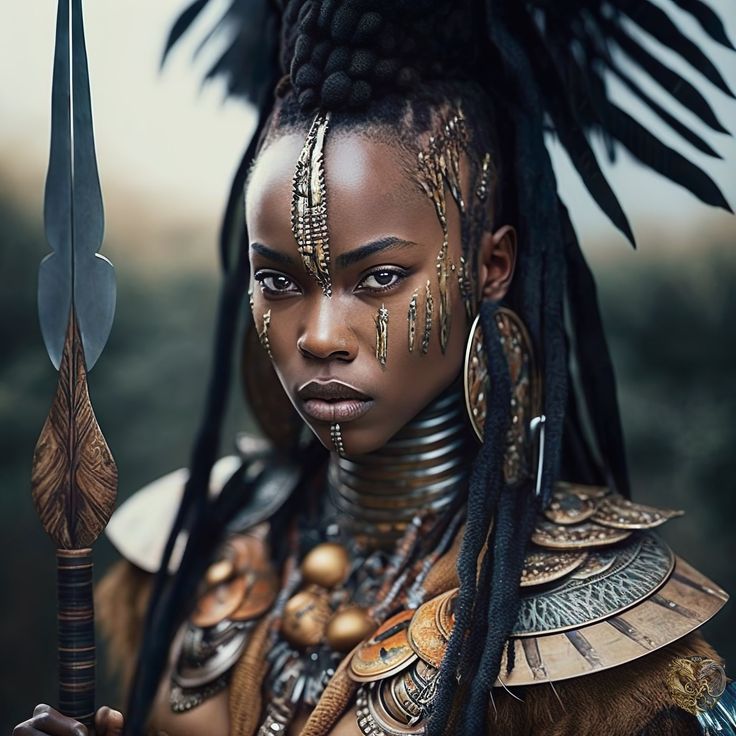 Black Female African Warrior image 1 African Warrior Women, Warrior Hairstyles, Female Warrior Outfit, Afrofuturism Fashion, Ancient Future, Female Warrior Tattoo, African Warrior, Warrior Paint, Black Warrior