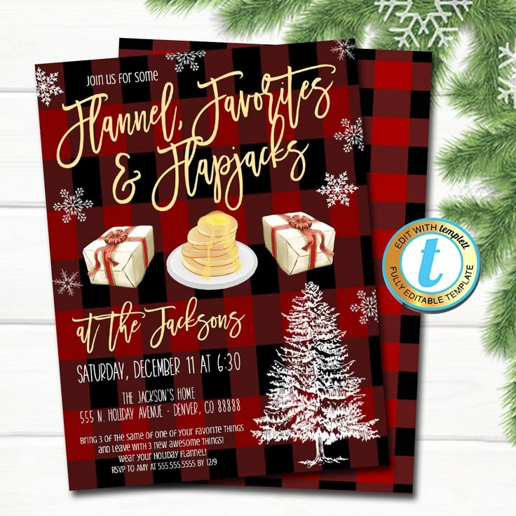 Flannel Favorites and Flapjacks Party Christmas Party Invitation, Brunch Pancakes and Pajamas, Editable Template, DIY Self-Editing Download Christmas Brunch Party, Brunch Pancakes, Brunch Event, Pancakes And Pajamas, Favorite Things Party, Holiday Brunch, Christmas Party Invitation, Holiday Breakfast, Christmas Brunch