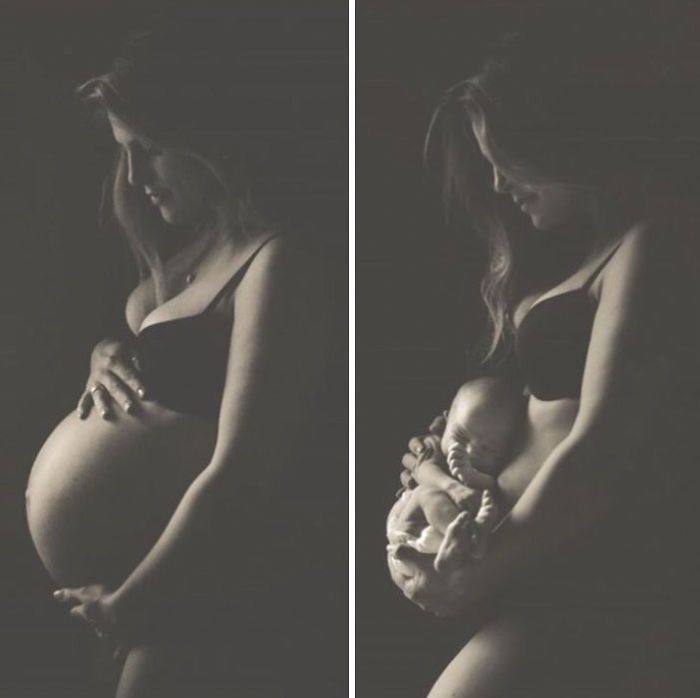 two pictures of a woman holding a baby in her arms, and the other side is black and white