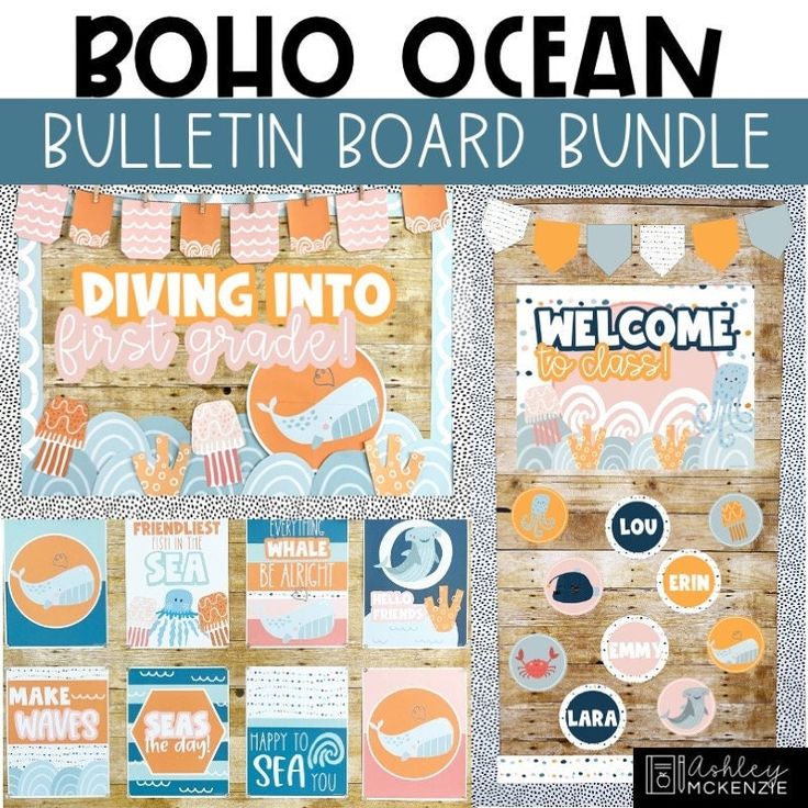 an image of a classroom decor with the words boho ocean and diving into welcome