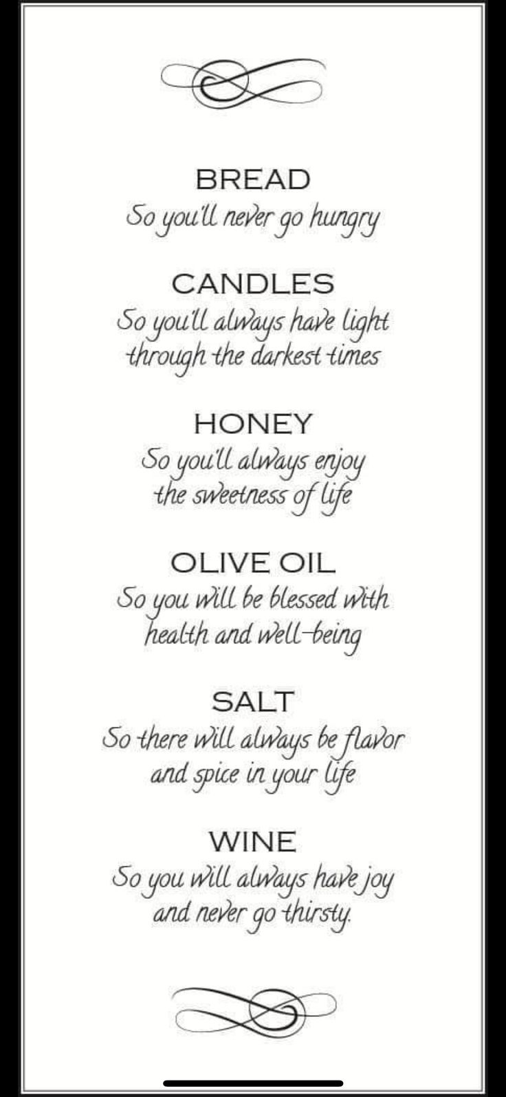 a black and white menu with the words bread, candles, honey, olive oil and salt