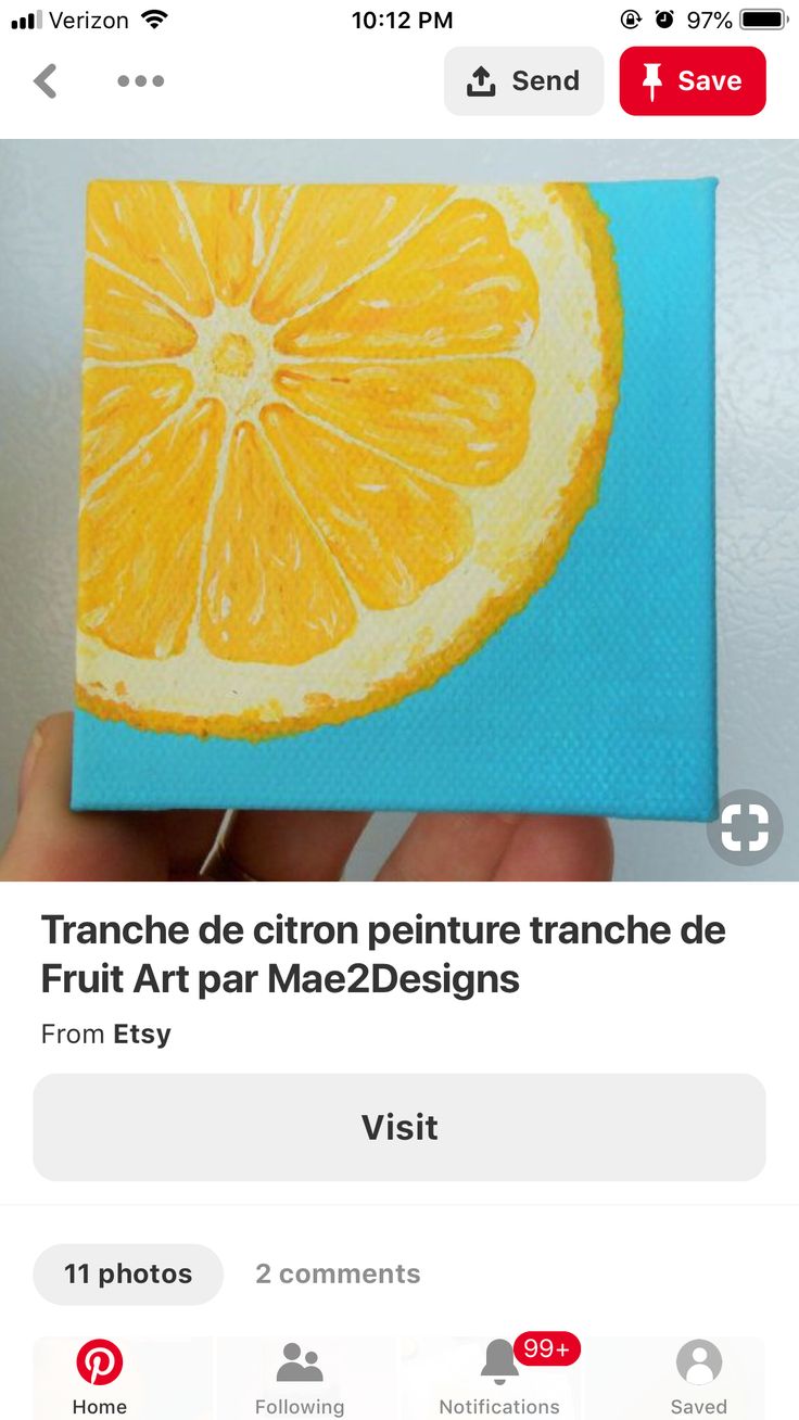 a person holding up an orange slice in front of their face and the words franche de citron pelture tranch de fruit art par mac2designs