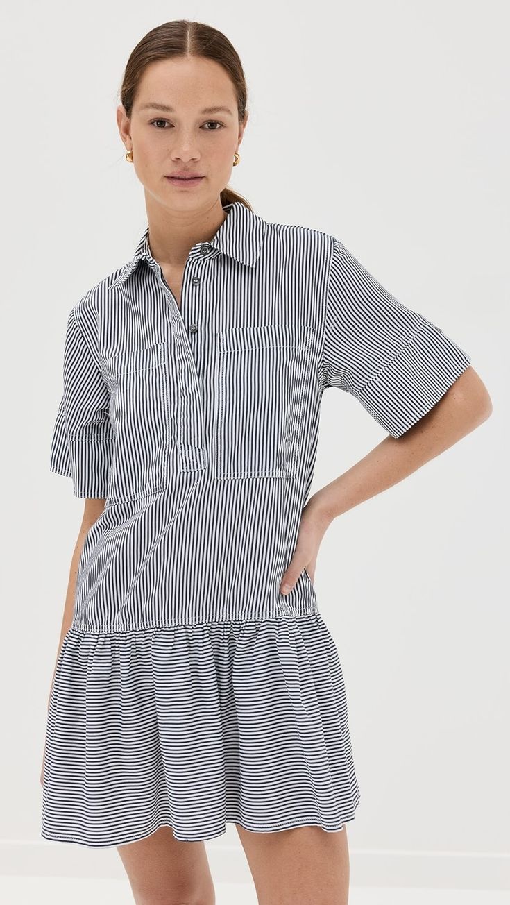 SIMKHAI Cris Short Sleeve Shirtdress | Shopbop Chic Short Sleeve Dress With Striped Collar, Casual Short Sleeve Dresses With Striped Collar, Short Sleeve Shirt Dress With Buttoned Pockets For Work, Short Sleeve Cotton Dress For Work, Casual Striped Collared Shirt Dress, Button-up Shirt Dress With Striped Collar For Work, Short Sleeve Dresses With Buttoned Pockets For Work, Summer Dress With Striped Collar And Short Sleeves, Casual Cotton Shirt Dress With Striped Collar