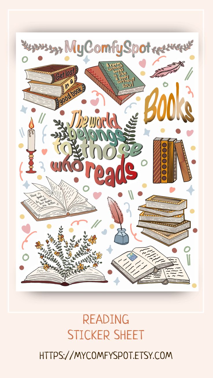 the bookworm sticker sheet has many books on it and is also available for purchase