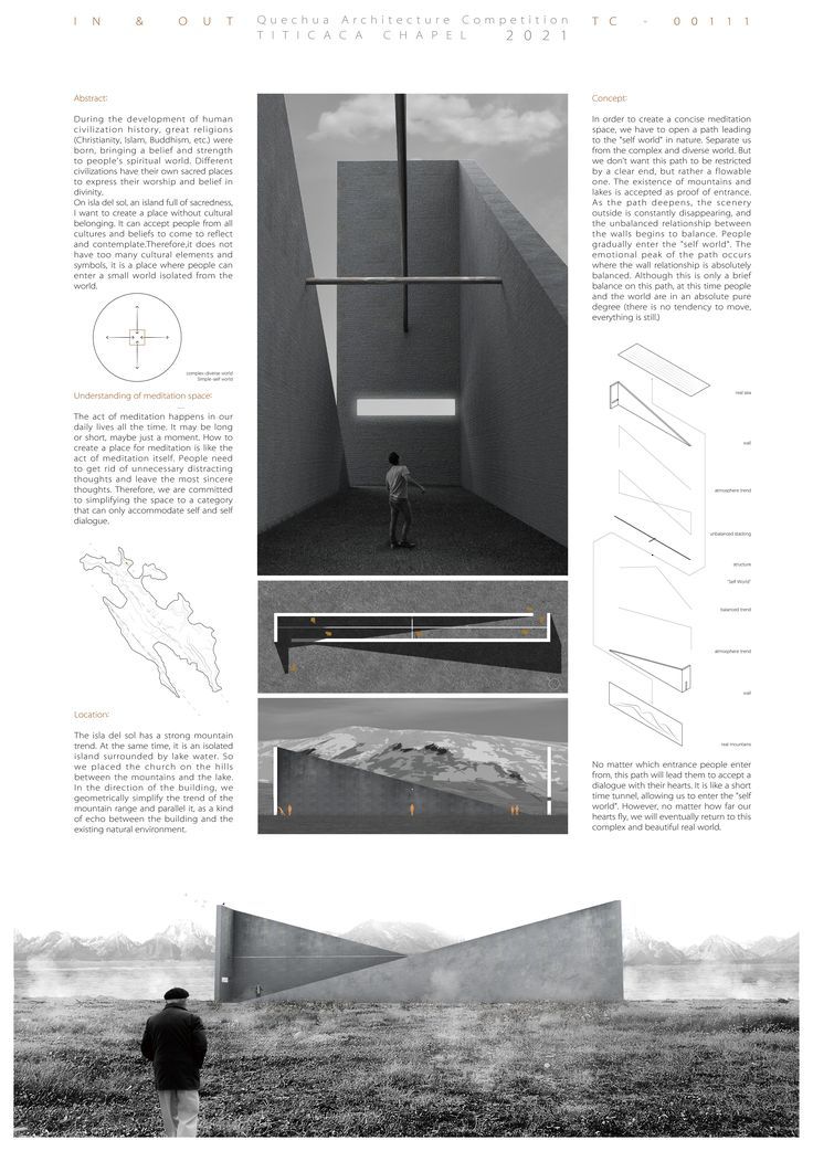 an article about architecture in black and white, with images of people standing near it