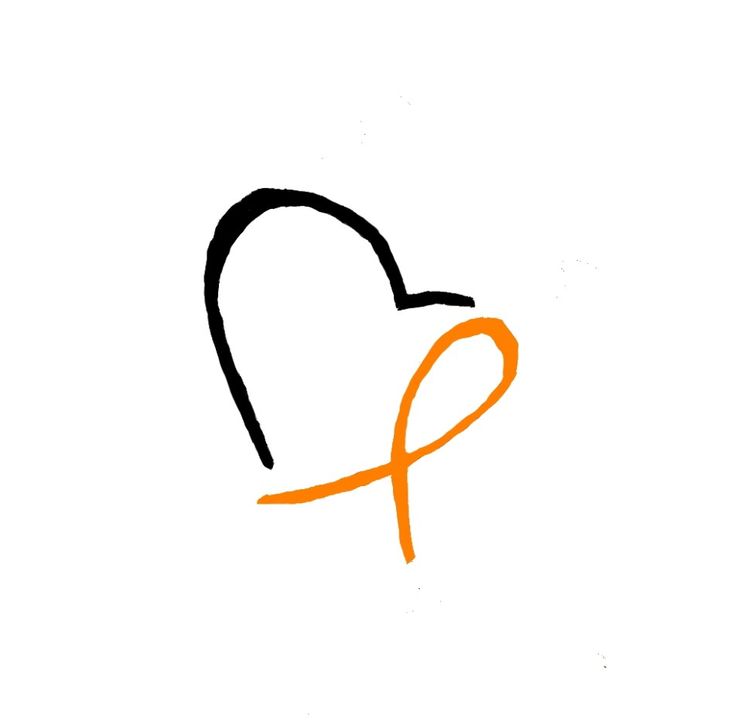 an orange ribbon in the shape of a heart on a white background with black outline