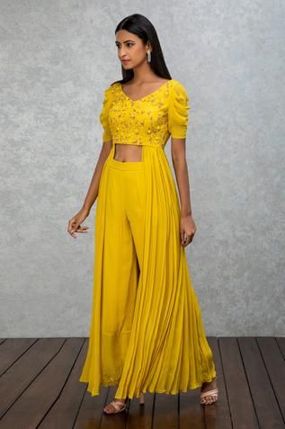 Shop for Isha Gupta Tayal Yellow Georgette Embroidered Kurta Palazzo Set for Women Online at Aza Fashions Yellow Indowestern Dresses, Designer Plazo Suit, Yellow Outfit Ideas For Haldi, Yellow Plazo Suit For Haldi, Yellow Indo Western Outfits For Haldi, Yellow Ethnic Wear For Haldi, Yellow Indo Western Outfits, Yellow Outfits For Haldi, Outfit Ideas For Haldi