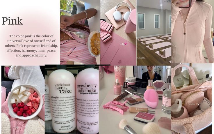 there are pictures of pink products on the table