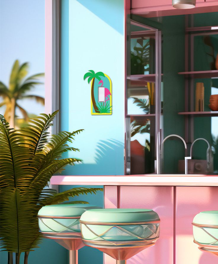 Light up your home with a touch of paradise with this customizable Tropical Paradise Light Switch Cover! Featuring a Miami Vice inspired design with a vibrant palm tree and flamingo, it's sure to transport you to a tropical paradise with each flip of the switch. Add a vibrant splash of sand and surf to your home décor! Each switch plate is made from high-grade acrylic and sits flush with your wall. These can be made in every switch & outlet type, don't see yours? Email us. Screws are also includ Miami Decor, Miami Art Deco, 80s Interior, 80s Decor, Miami Night, Miami Houses, Miami Vice, Outlet Cover, Tropical Art