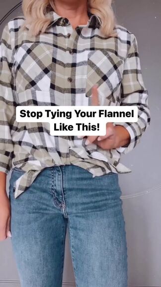 a woman with her hands in her pockets and the words stop trying your flannel like this