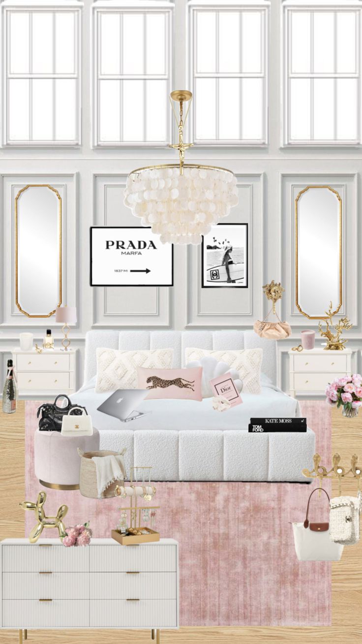 a bedroom with white furniture and chandelier