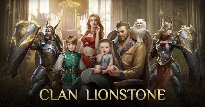 the clan lionstone logo with several people in armor and cats on their backs, surrounded by other characters