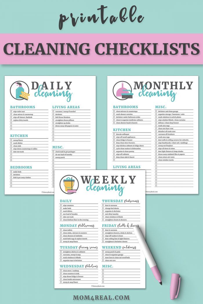 the printable cleaning checklist is shown on top of a blue background with pink pen and