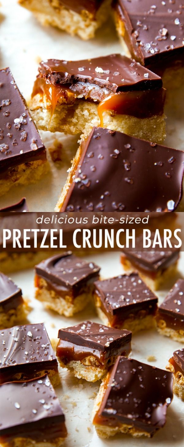 chocolate pretzel crunch bars are stacked on top of each other with the words, delicious