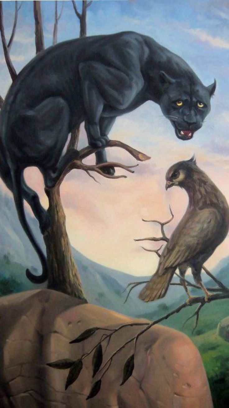 a painting of a black cat sitting on top of a tree next to a bird