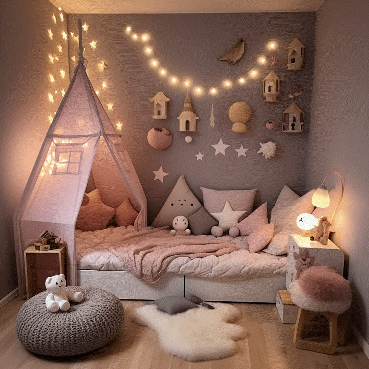 a child's bedroom decorated in pink and grey with lights on the ceiling, bedding and pillows