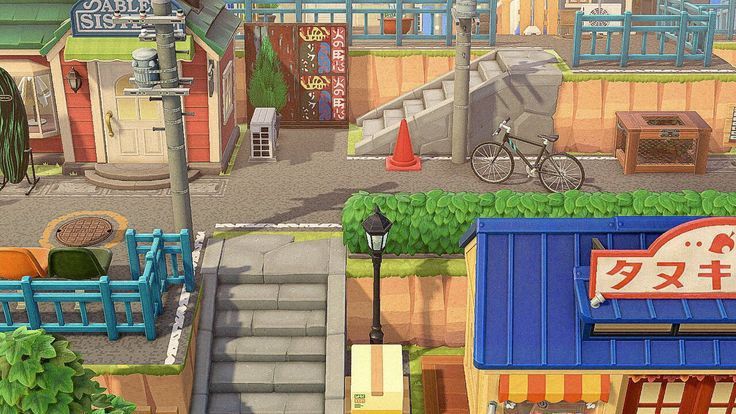 an image of a street scene in the game animal crossing, with buildings and signs