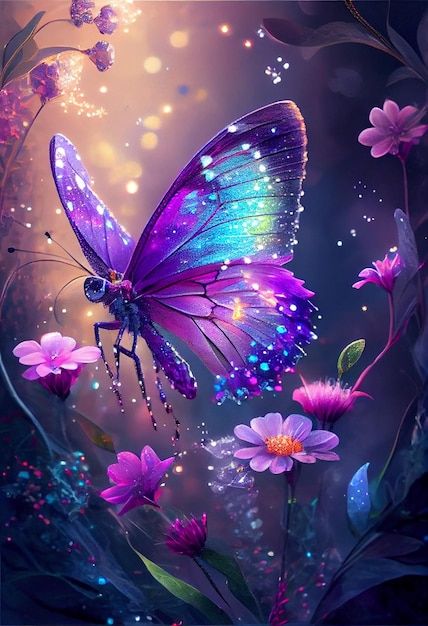 a purple butterfly flying over pink flowers