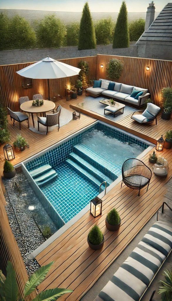 an above ground swimming pool surrounded by wooden decking