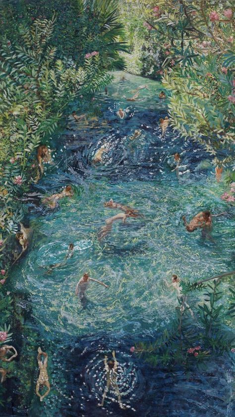 a painting of people swimming in a river surrounded by trees and bushes, with one person standing on the other side