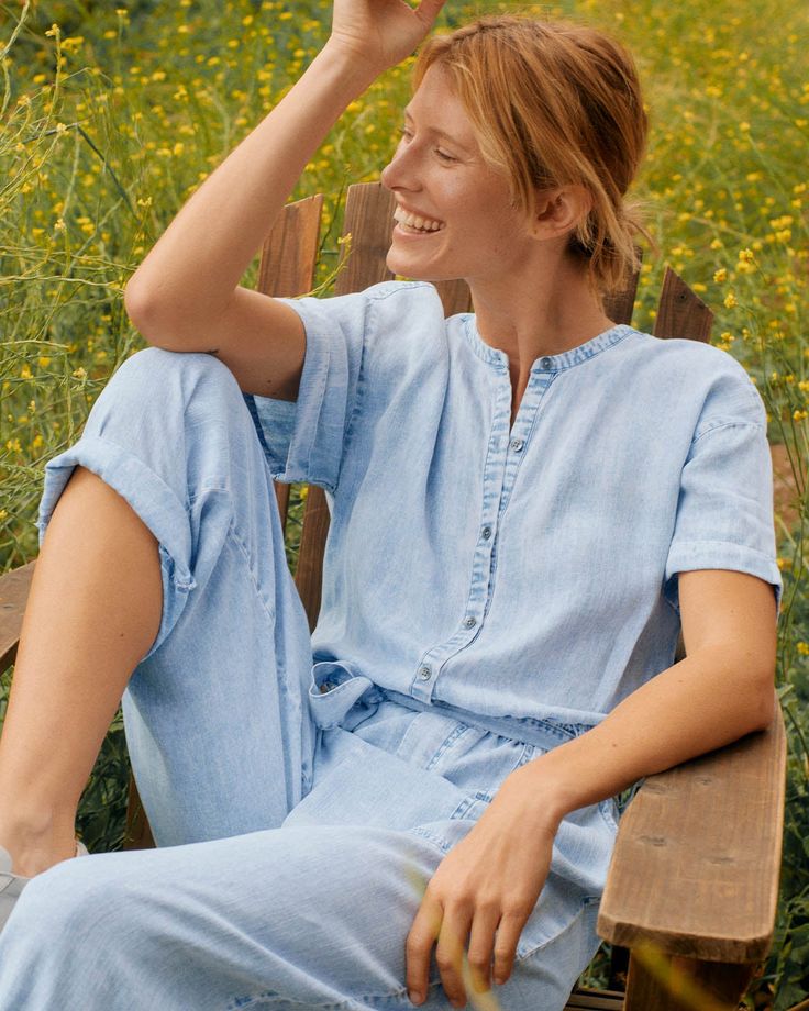 Bleached Indigo Short Sleeve Jumpsuit, Look Polished, Short Sleeve Jumpsuits, Jumpsuit With Sleeves, Wide Leg Pant, Band Collar, Waist Tie, Linen Blend, Wide Leg Pants