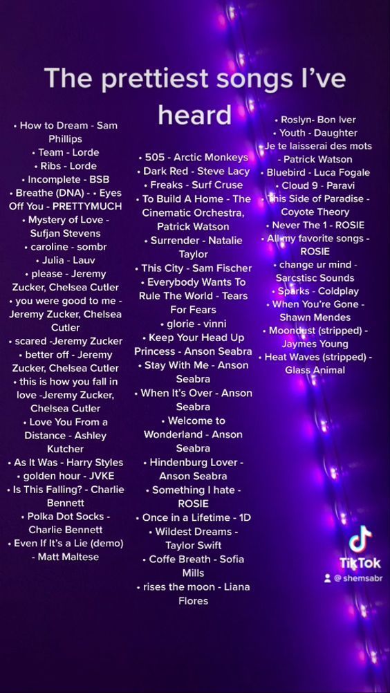 the prettiest songs i've heard poster with purple lights in the background