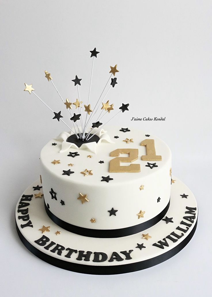 a white and black cake with gold stars on the top that says twenty five years old