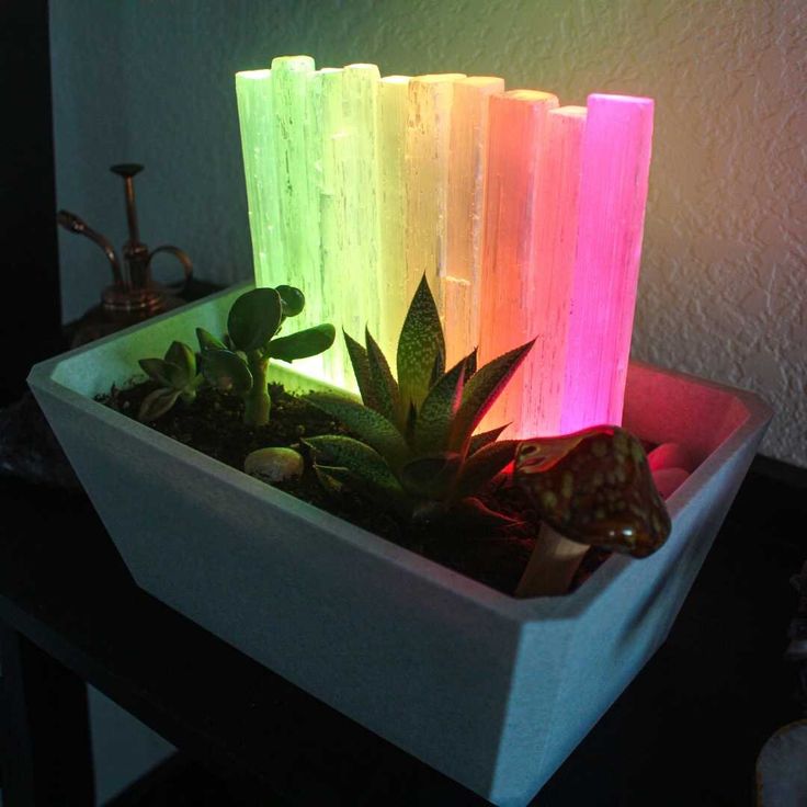 a planter filled with lit candles sitting on top of a table