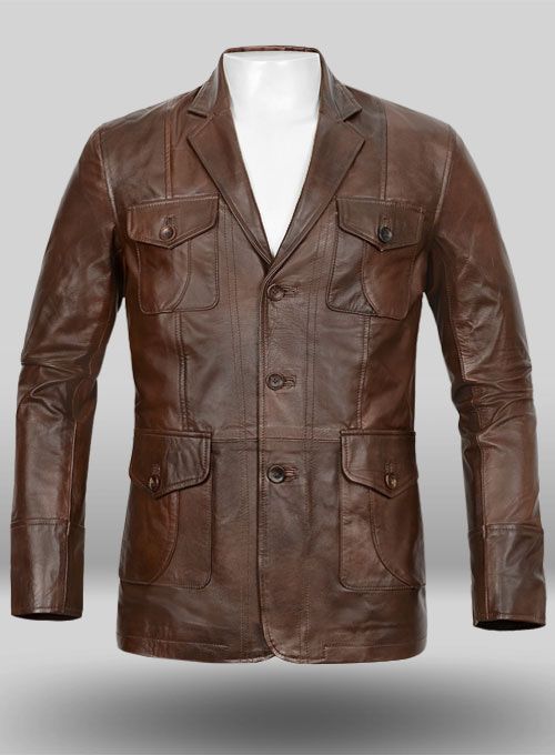 Spanish Brown Leather Blazer - #716 Designer Brown Blazer With Buttons, Luxury Brown Blazer With Buttons, Designer Single Breasted Leather Jacket, Designer Long Sleeve Leather Blazer, Designer Single-breasted Leather Jacket, Designer Leather Blazer With Long Sleeves, Luxury Leather Blazer With Snap Buttons, Designer Brown Blazer For Office, Designer Leather Jacket With Notch Lapel For Work