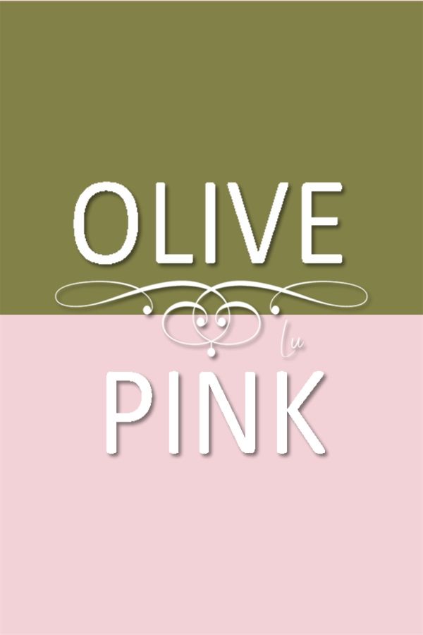 the words olive and pink are in white letters on a green, pink and beige background