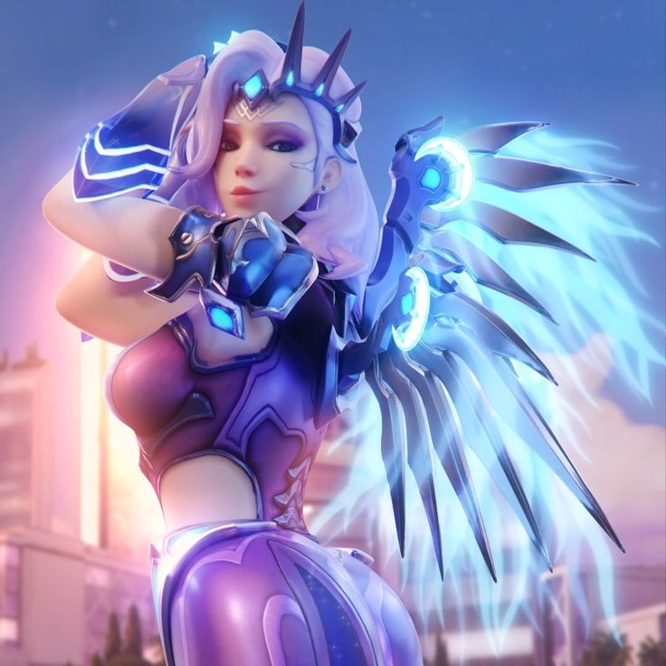 an image of a woman with wings on her head and arm, in front of a cityscape