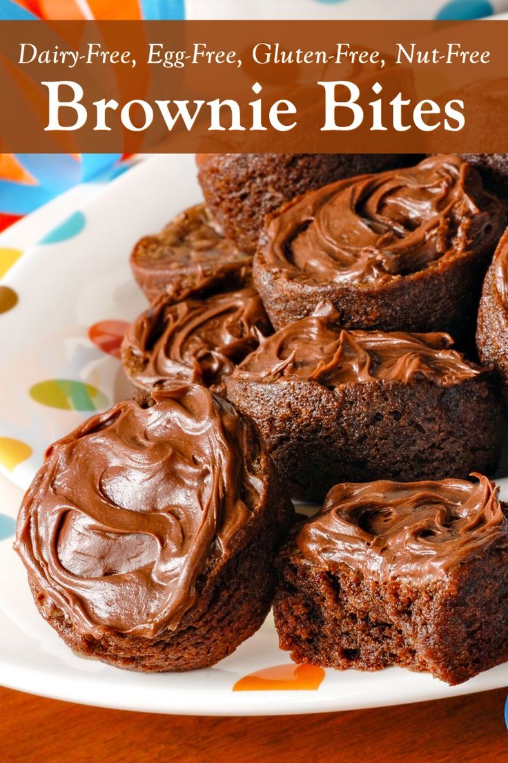 chocolate brownie bites on a plate with the title text overlay reads dairy - free, egg - free, gluten - free, nut - free, nut - free