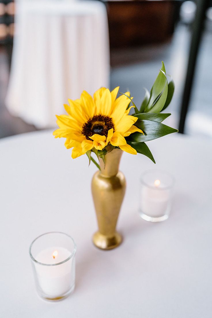 Sunflower centerpiece for wedding reception in gold vase Sunflower Bud Vase, Sunflower Bud, Wedding Reception Cocktail, Wedding Reception Cocktail Hour, Simple Sunflower, Fall Wedding Reception, Reception Cocktail, Sunflower Centerpieces, Autumn Wedding Reception