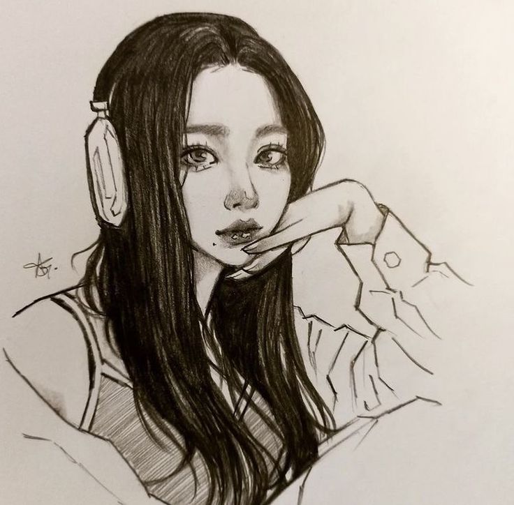 a drawing of a woman with headphones on her ears and hand resting against her chin