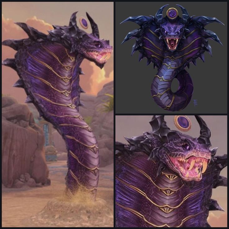 three different images of a purple dragon with large horns and sharp fangs on it's head